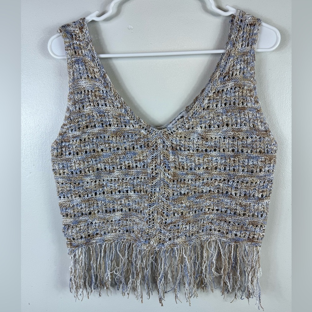 Love Knits Sweater Vest Fringe Boho Hippie Large Cropped Multicolor‎ Neutral